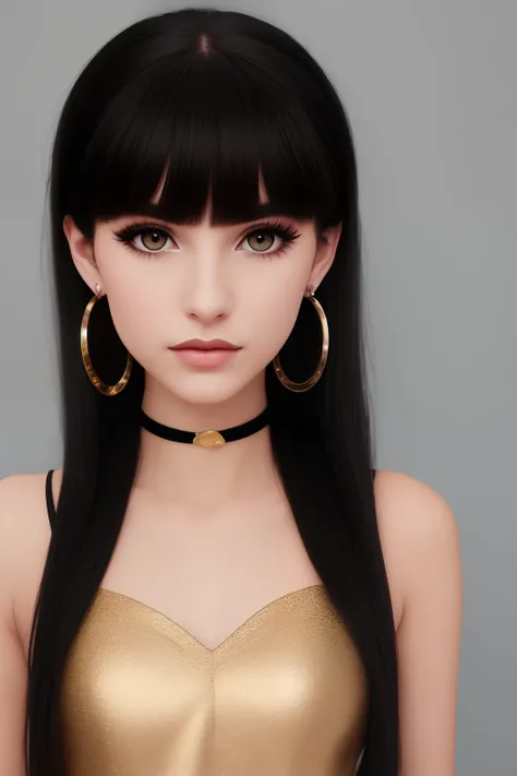 A teenager named Silvia.She is Latina with black eyebrows mid length straight black hair and bangs.She has dark brown eyes.Wears gold hoop earrings.She wears makeup with false eyelashes.She dresses dainty and coquette.Make it in the Tim Burton art style