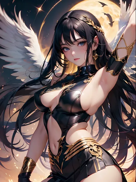 Beautiful woman of the angel tribe、Black shiny hair with big white wings。Half human woman and half angel、((Finest quality)),(超A high resolution),(ultra-detailliert),((Best Anime)),sharpnes,Clair,Art with astounding depictions,Glamorous atmosphere:1.4, (Gol...