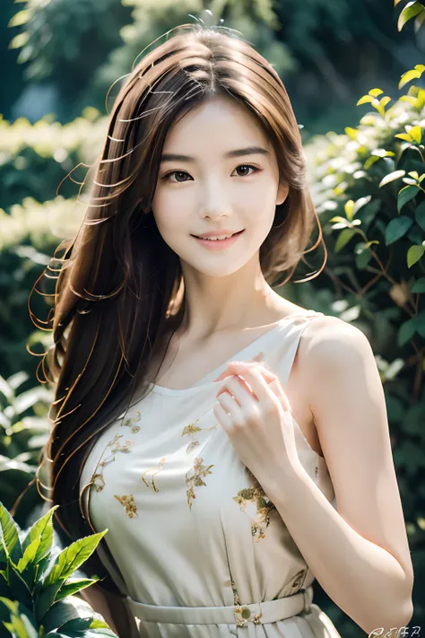 (best quality,4k,highres,masterpiece:1.2),ultra-detailed,(realistic:1.37),beautiful girl,tea picking, lovely face, half body shot, dewy complexion,sparkling eyes,flowing hair,delicate hands,nature-inspired dress,sunlight filtering through the leaves,floral...