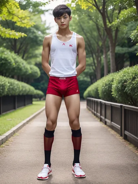 16 years old teenagers , very young , light-skin , wearing an dark red sexy underwear, tmasterpiece，k hd，the feet，Transparent sports vest，semi transparent，black long socks，The barefoot , red colour , handsome and cute , extreme cute boy , white skin , dark...