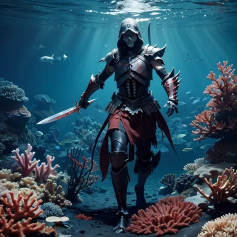 ocean floor，The corals，The fish，skeleton warrior，Black armor，red color eyes，Armed with a long knife