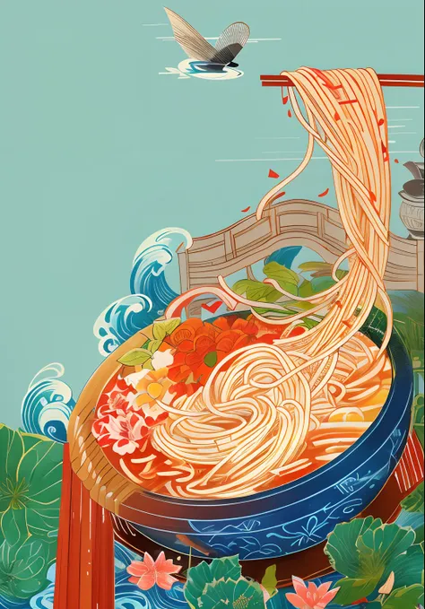 A bowl of noodles with noodles and chopsticks in it，There are also drum towers, Amazing food illustration, A beautiful artwork illustration,