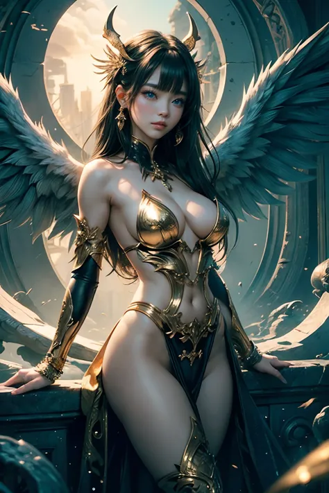 (1girll:1.3)、独奏、__Body parts__、offcial art、统一 8k 壁纸、ultra - detailed、Beauty and aesthetics、big breasts beautiful、Bigchest，eBlue eyes，tmasterpiece、best qualtiy、Fantastical Atmosphere、Tranquil Mood、Devil Angel、beautiful golden wings