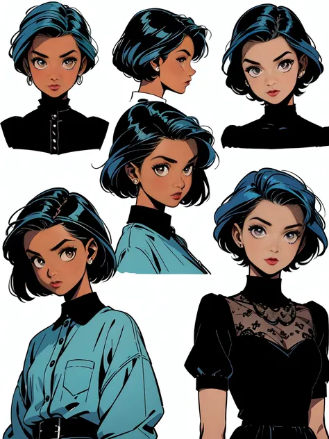 A girl, 1girl, ((15 year old)),(( dark skin:1.0)), sky-blue hair, brown eyes, head character sheet, different head positions, different facial expressions, fashion hairstyles, head turnaround, vintage horror, 1940s, shapes, gothic, vintage, sexy, anime sty...