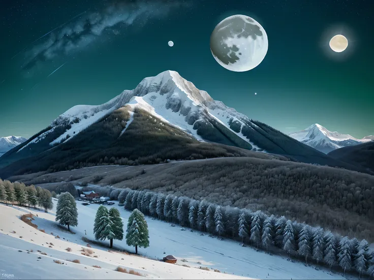 landscape, sky, night, illustration, vector, mountain, tree, nature, moon, forest, mountains, star, cartoon, snow, sun, scene, blue, cloud, summer, green, winter, hill, fantasy, grass, water