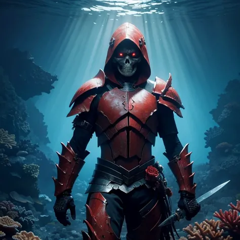 ocean floor，The corals，The fish，skeleton warrior，Black armor，red color eyes，Armed with a long knife