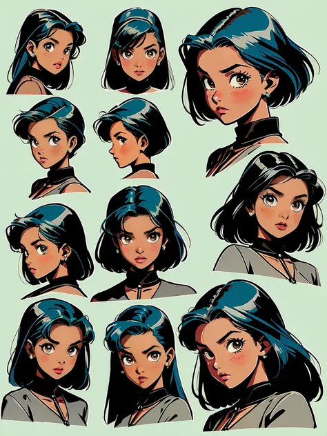 A girl, 1girl, ((15 year old)),(( dark skin:1.0)), sky-blue hair, brown eyes, head character sheet, different head positions, different facial expressions, fashion hairstyles, head turnaround, vintage horror, 1940s, shapes, gothic, vintage, sexy, anime sty...