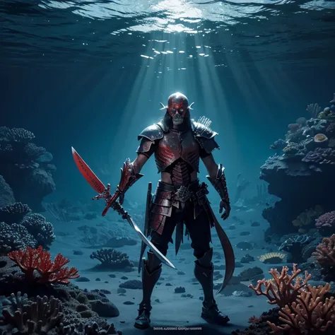 ocean floor，The corals，The fish，skeleton warrior，Black armor，red color eyes，Armed with a long knife