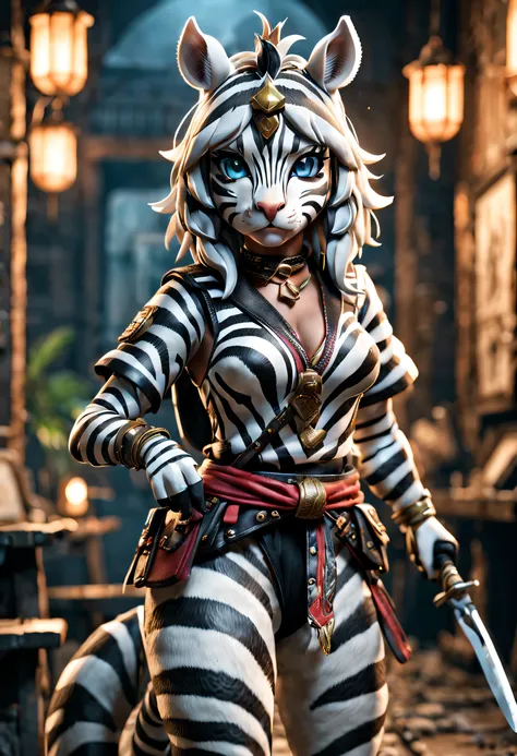 full body Esbian、Cool Female Zebra、Pop Female Zebra、Cute female zebra、Tiere、diorama、symple background、bandana、Holding a knife in your hand、​masterpiece, Best Quality, Capture super cute moments, depth of fields, ultra-detailliert, Ultra High Resolution, Oc...