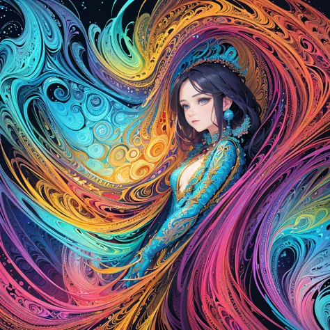 (masterpiece, top quality, best quality, official art, beautiful and aesthetic:1.2), (1girl:1.3), extremely detailed,(fractal art:1.2),colorful,highest detailed,(zentangle:1.2), (dynamic pose), (abstract background:1.5), (treditional dress:1.2), (shiny ski...