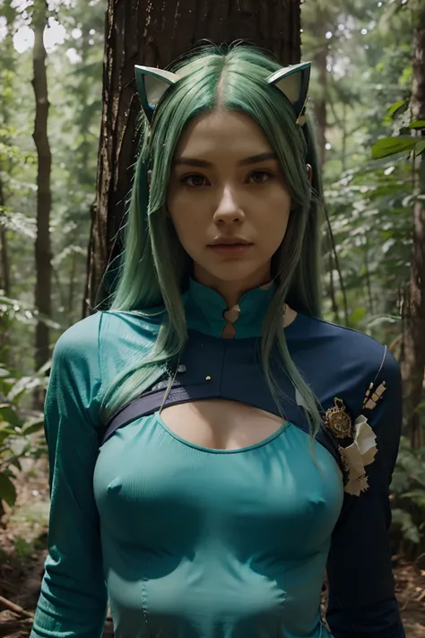 Female green hair blue skin equip bone suit forest fantasy