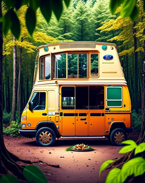 Ford transit campervan en un bosque con barbacoa con un lago