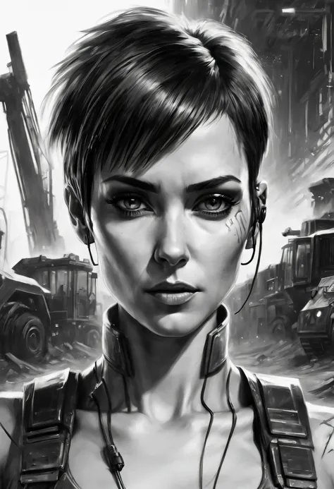 sketching，character sketch，Black and white painting,analogue style, high resolution, (((Masterpiece))), miners, Female, (Sexy:0.9), Dirty, Cyberpunk, Futuristic, Sci-fi, Very detailed, Short hair, Award-winning movie poster, (((Photorealistic)))