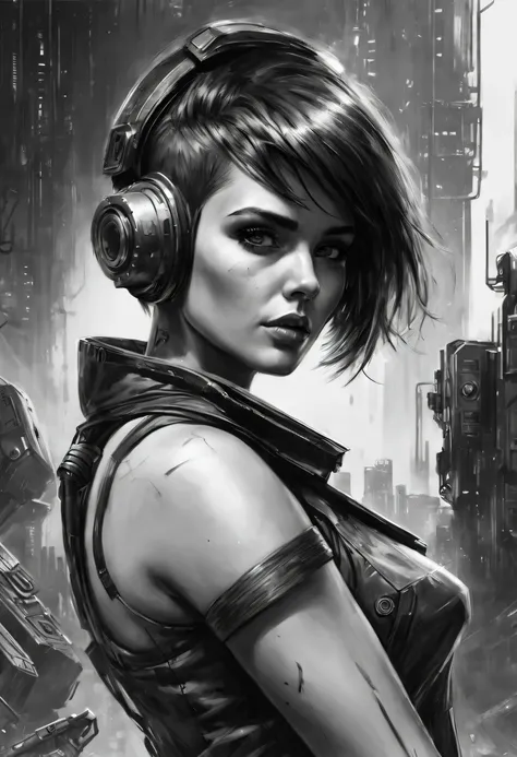 sketching，character sketch，Black and white painting,analogue style, high resolution, (((Masterpiece))), miners, Female, (Sexy:0.9), Dirty, Cyberpunk, Futuristic, Sci-fi, Very detailed, Short hair, Award-winning movie poster, (((Photorealistic)))