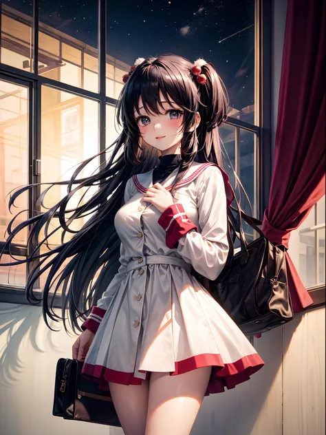 1womanl、Kotomi、hight resolution,[8k picture:1.15]、 [3D images:1.15]、 1girl in, 独奏、front-facing view, red blush,Kotomi is cute no matter who you look at、One hand on the chest、Red and white dress、Christmas Colors、Cute sexy girl no matter who looks at it、love...