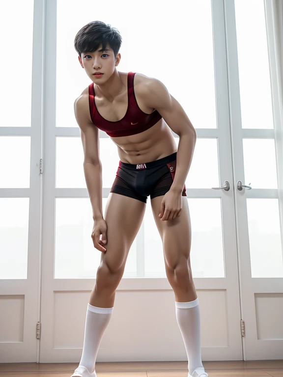 16 years old teenagers , very young , light-skin , wearing an dark red sexy underwear, tmasterpiece，k hd，the feet，Transparent sports vest，semi transparent，black long socks，The barefoot , red colour , handsome and cute , extreme cute boy , white skin , dark...