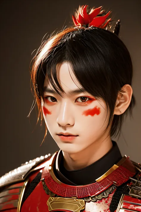 Portrait of a samurai, adorned in traditional armor. He has two horns similar to a basic devil and has dark hair. His eyes are a very light and vibrant red with a slight glow. his skin complexion is white. Two swords can be seen on his back