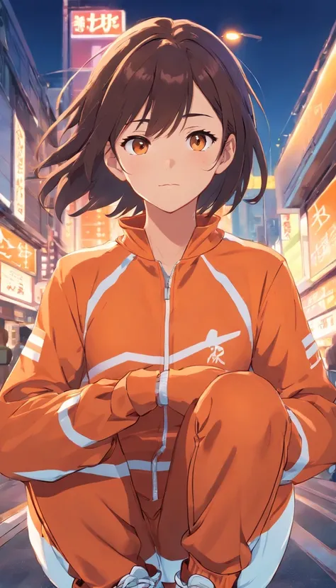 Front: Wearing an orange tracksuit