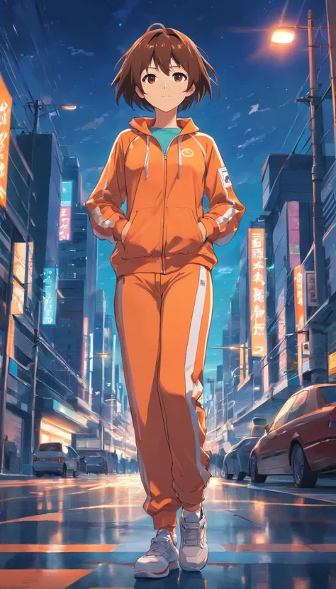 Front: Wearing an orange tracksuit