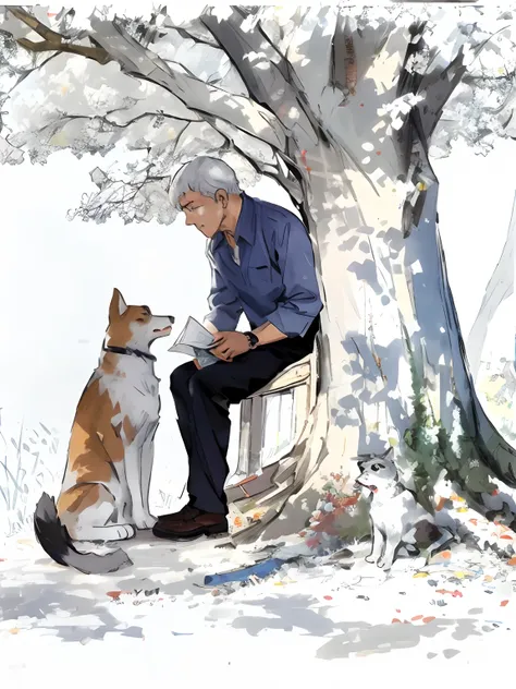 painting of a man and a dog sitting on a bench, morbius and upington, moebius and makoto shinkai, norman rockwell akihiko yoshid...