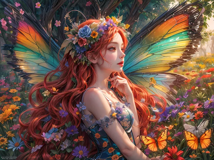 a picture of a fairy resting in a rainbow colored flower meadow, full body, an exquisite beautiful (ultra detailed, masterpiece,...