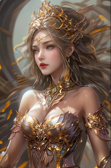 Woman in golden transparent dress,view the viewer,(((Huge breasts, Large cleavage))),Slim waist,(navel-baring,Bare waist), Long hair, Ultra-detailed details,High-end Zhenyi Railway Station, Storm Sites, detailed fantasy art, Stunning character art, Beautif...