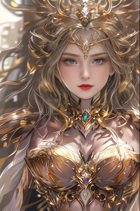 Woman in golden transparent dress,view the viewer,(((Huge breasts, Large cleavage))),Slim waist,(navel-baring,Bare waist), Long hair, Ultra-detailed details,High-end Zhenyi Railway Station, Storm Sites, detailed fantasy art, Stunning character art, Beautif...