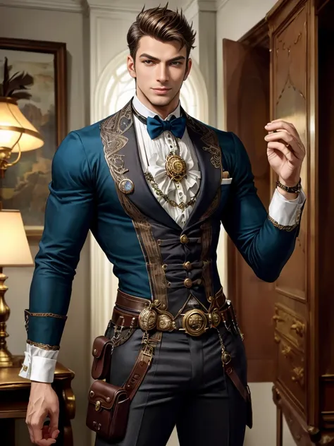 1 homem, corpo nu, estilo steampunk sexy, (detalhes intrincados, master part, alta qualidade, best quality, ultra qualidade, ele...