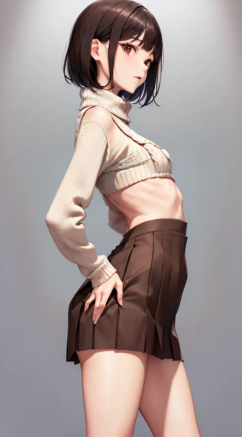 (((professional: step by step, considering even the smallest detail, god level final result))): "masterpiece, best quality, highres, solo 1girl, 22 years old, kr1, brown eyes, blunt bangs, kibito high school 50% uniform, sheer silk slim sweater, pleated 10...