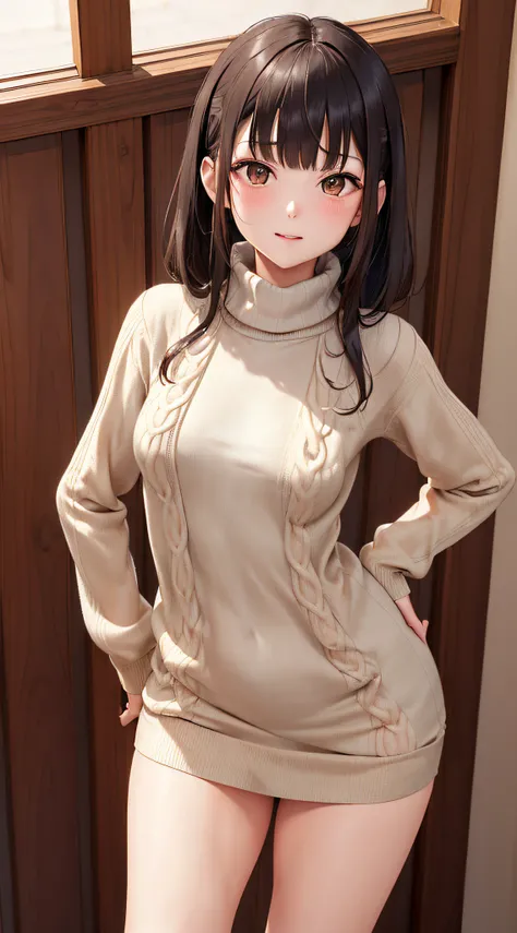 (((professional: step by step, considering even the smallest detail, god level final result))): "masterpiece, best quality, highres, solo 1girl, 22 years old, kr1, brown eyes, blunt bangs, kibito high school 50% uniform, sheer silk slim sweater, pleated 10...