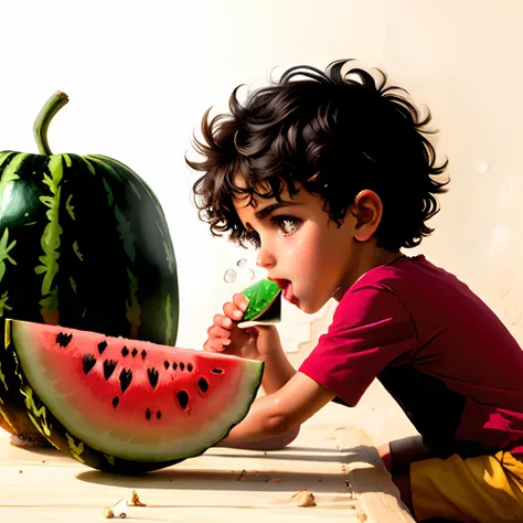 Draw an illustration of a Palestinian child eating a watermelon, depict it smoothly and clearly