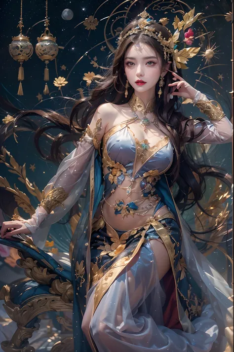 1 zodiac goddess from the future, Wear the zodiac goddess Ao Dai to cover her chest, The zodiac goddess wears a bright yellow gold bodice, The goddess radiates a bright pink-purple zodiac aura, The stars are in the form of 12 constellations, Zodiac goddess...