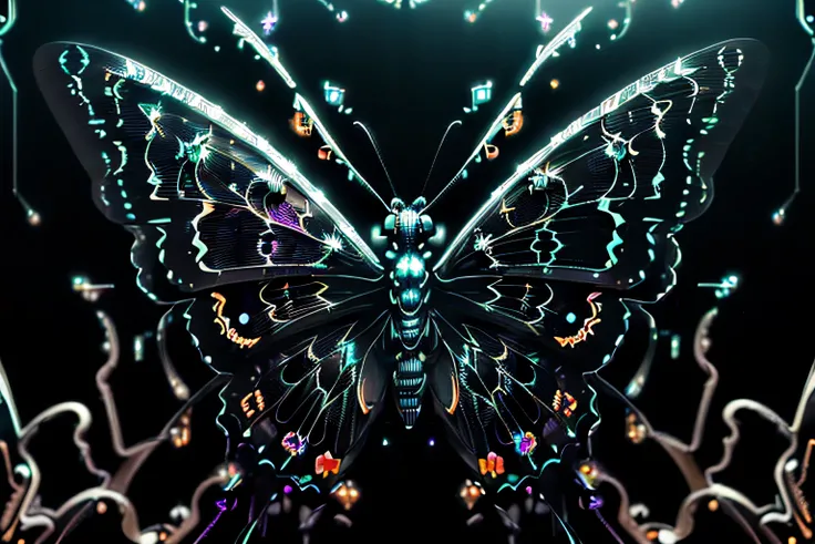 ((chaotic butterfly of fused steampunk and starlight:1.3)), (((insane steel coating:1.3))), (((beautiful pixel glow:1.3))), intricate insane detail glow, (gliding pose:1.2), (((cinematic:1.1))), (((stunning digital black paint glow paint:1.3))), paradox of...