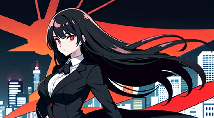 1woman, black hair, Long Haired, red eyes, ((Girlfriend)), black blazer, big breats, wallpaper, City background, ((masterpiece)), ((best quality)), ((Top Quality)), pale white skin, solo, curvy build