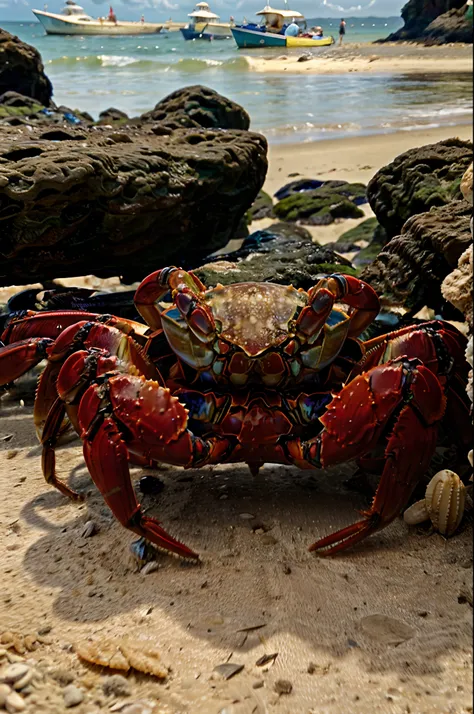 a documentary photo of a crab on the seashore, daylight, photorealistic, hi-res