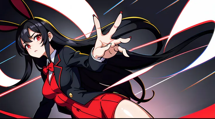 1woman, black hair, Long Haired, red eyes, ((Girlfriend)), bunny ears, black blazer, big breats, wallpaper, City background, light particles, ((masterpiece)), ((best quality)), ((Top Quality)), pale white skin, solo, curvy build