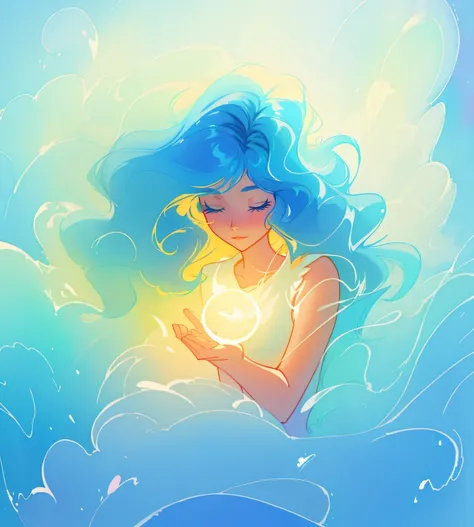 Beautiful girl surrounded by liquid light, Long blue wavy hair, Watercolor illustration, inspired by Glen Keane, inspired by Lois van Baarle, disney artstyle, author：Lois van Baarle, glowing aura around her, author：Glenn Keane, jen bartel, Glowing lights! ...