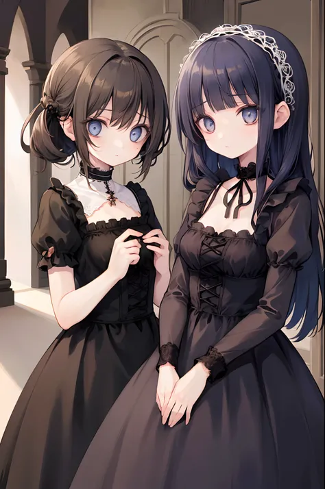 Sweet girl,(2girls:1.3), Gothic rococo dress,
, They stare at each other intently,