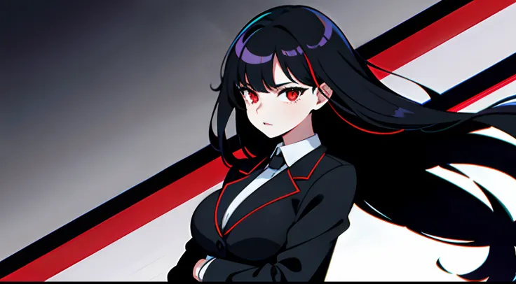 character concept, 1woman, black hair, Long Haired, red eyes, ((Girlfriend)), black blazer, big breats, wallpaper, City background, ((masterpiece)), ((best quality)), ((Top Quality)), pale white skin, solo, curvy build