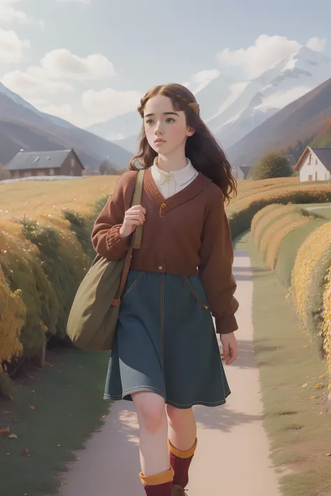 2003, mountain village. location: elmira. pre-raphaelite 16-year-old anna popplewell, walking to school, autumn,, ((((casual clo...