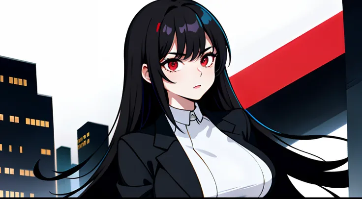 character concept, 1woman, black hair, Long Haired, red eyes, ((Girlfriend)), black blazer, big breats, wallpaper, City background, ((masterpiece)), ((best quality)), ((Top Quality)), pale white skin, solo, curvy build