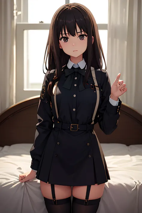 ​masterpiece、flat-colors、depth of fields、lens flare 1 girl、、Brown hair、watching at viewers　　　black suspenders　　　Bulging big breasts　　　 　 　　　walls: 　Black miniskirt　garters　　　　　　Gaze　　　Small face　bangss 　　　holster　　Belt Armament　Beautuful Women　srestrained　...