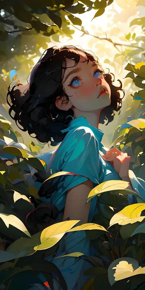 Girl, blue eyes, black curly hair, angelic, anime, melancholy, looking up, leaves falling,