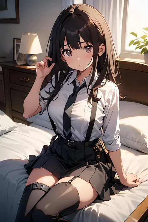 ​masterpiece、flat-colors、depth of fields、lens flare 1 girl、、Brown hair、watching at viewers　　　black suspenders　　　Bulging big breasts　　　 　 　　　walls: 　Black miniskirt　garters　　　　　　Gaze　　　Small face　bangss 　　　holster　　Belt Armament　Beautuful Women　srestrained　...