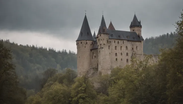 gothic castle tower standing in a dreary day, medieval eastern europe, one carved stone window at the stop, sense of mystery and eeriness, danger, a taboo place, cinematic, 8k, gothic horror film, cinematic scene from film, cinematic in the style of Dion B...