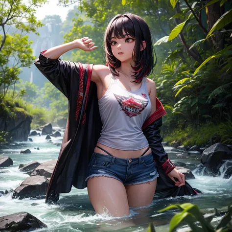 Seorang gadis cantik, menunggangi Raptors, dengan memegang busur, di tepi sungai, di alam liar, (best quality, 4k, highres, masterpiece:1.2), ultra-detailed