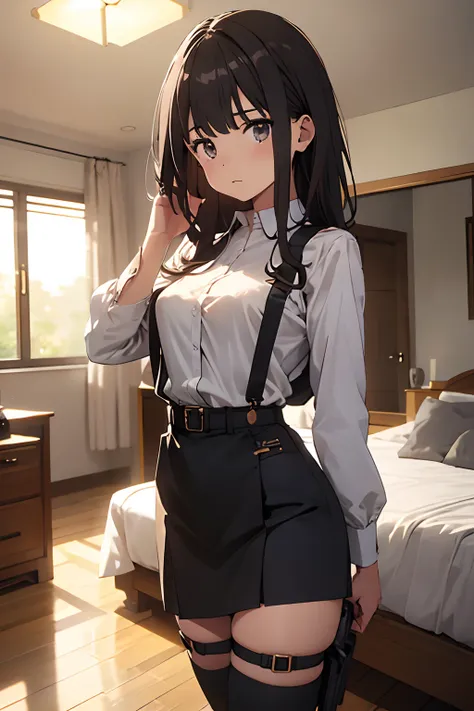 ​masterpiece、flat-colors、depth of fields、lens flare 1 girl、、Brown hair、watching at viewers　　　black suspenders　　　Bulging big breasts　　　 　 　　　walls: 　Black miniskirt　garters　　　　　　Gaze　　　Small face　bangss 　　　holster　　Belt Armament　Beautuful Women　srestrained　...