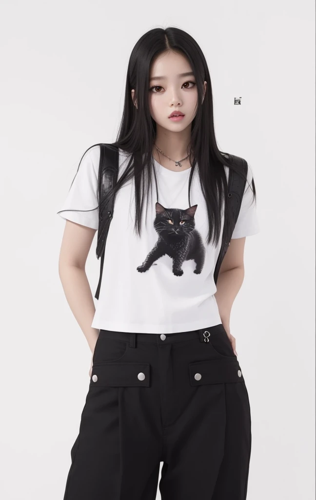 a woman in a white shirt and black pants posing for a picture, jennie blackpink, com corte rasgado t - camisa, roupas casuais, design do gato, roupas brancas e pretas, jossi do blackpink, Bae Suzy, cruel korean goth girl, menina gato atraente, !!!! Gato!!!...