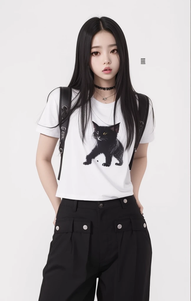 a woman in a white shirt and black pants posing for a picture, jennie blackpink, com corte rasgado t - camisa, roupas casuais, design do gato, roupas brancas e pretas, jossi do blackpink, Bae Suzy, cruel korean goth girl, menina gato atraente, !!!! Gato!!!...