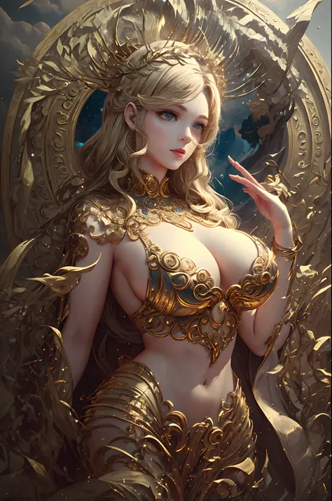 1girl huge large breasts,greek goddess，Vi delicate and beautiful face,Golden hair，Various hairstyles，Garland crown，voluptuous breasts，Convex buttocks，greek clothes，Tulle covers the breasts，Perfectly proportioned, Detailed clothing details,temple，marble，god...